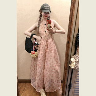 甜美少女梦幻粉色碎花连衣裙女夏季海边度假风收腰公主风仙女长裙
