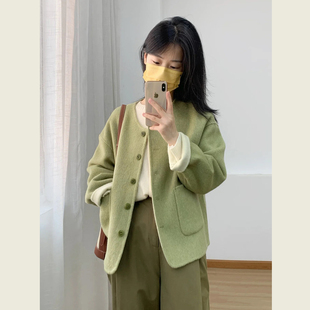 复古小香风绿色毛呢外套女秋冬季小个子通勤气质显瘦短款呢子上衣