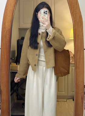 韩系高级感棕黄色小个子毛呢外套女秋冬小香风百搭短款开衫上衣