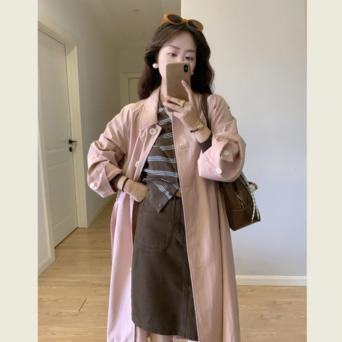 韩版粉色单排扣长款系带风衣外套