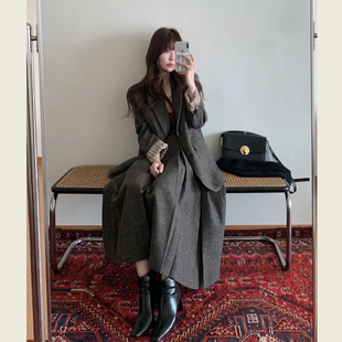 韩系毛呢西装 女秋冬设计感灰色复古呢子外套百褶半身裙两件套 套装