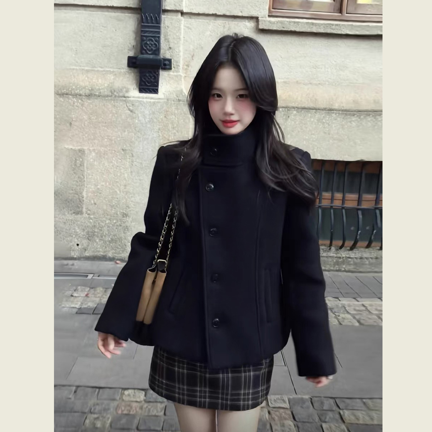 韩系学院风黑色立领毛呢外套