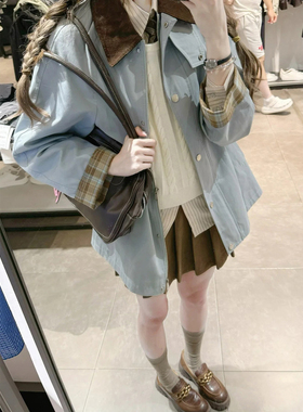 复古撞色拼接翻领蓝色风衣女春秋新款韩版高级感宽松休闲百搭外套
