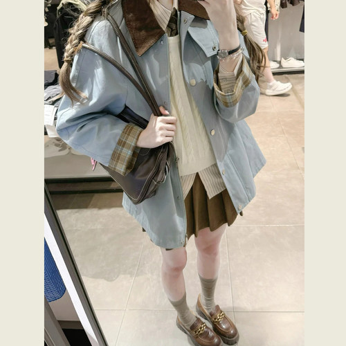 复古撞色拼接翻领蓝色风衣