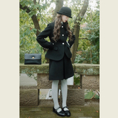 韩系赫本风黑色毛呢套装 女秋冬季 复古收腰短外套高腰半身裙两件套