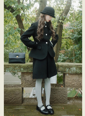 韩系赫本风黑色毛呢套装女秋冬季复古收腰短外套高腰半身裙两件套