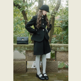 韩系赫本风黑色毛呢套装女秋冬季复古收腰短外套高腰半身裙两件套