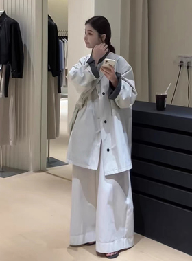 米白色立领撞色拼接风衣女春秋季小个子中长款时尚宽松休闲外套