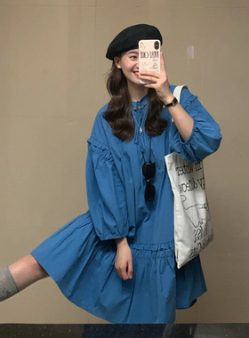 克莱因蓝色减龄系带连衣裙女夏季新款设计感小众宽松慵懒风中长裙