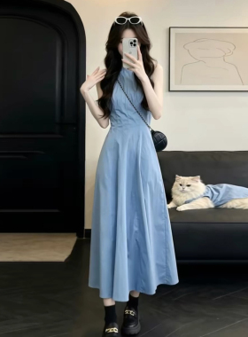 法式蓝色圆领无袖连衣裙女夏季新款简约通勤气质收腰显瘦背心长裙