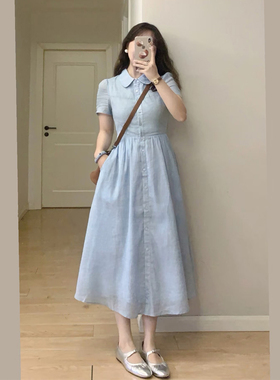 法式蓝色polo领衬衫连衣裙女夏季新款通勤高级感气质显瘦A字长裙