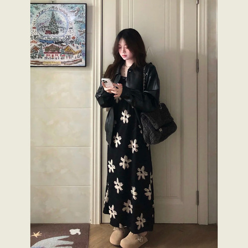 港风高级经典黑色翻领皮衣外套