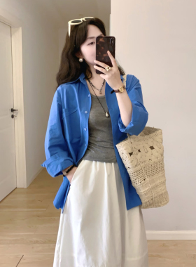 韩系简约通勤时尚套装女秋季蓝色polo领长袖衬衫高腰半身裙两件套