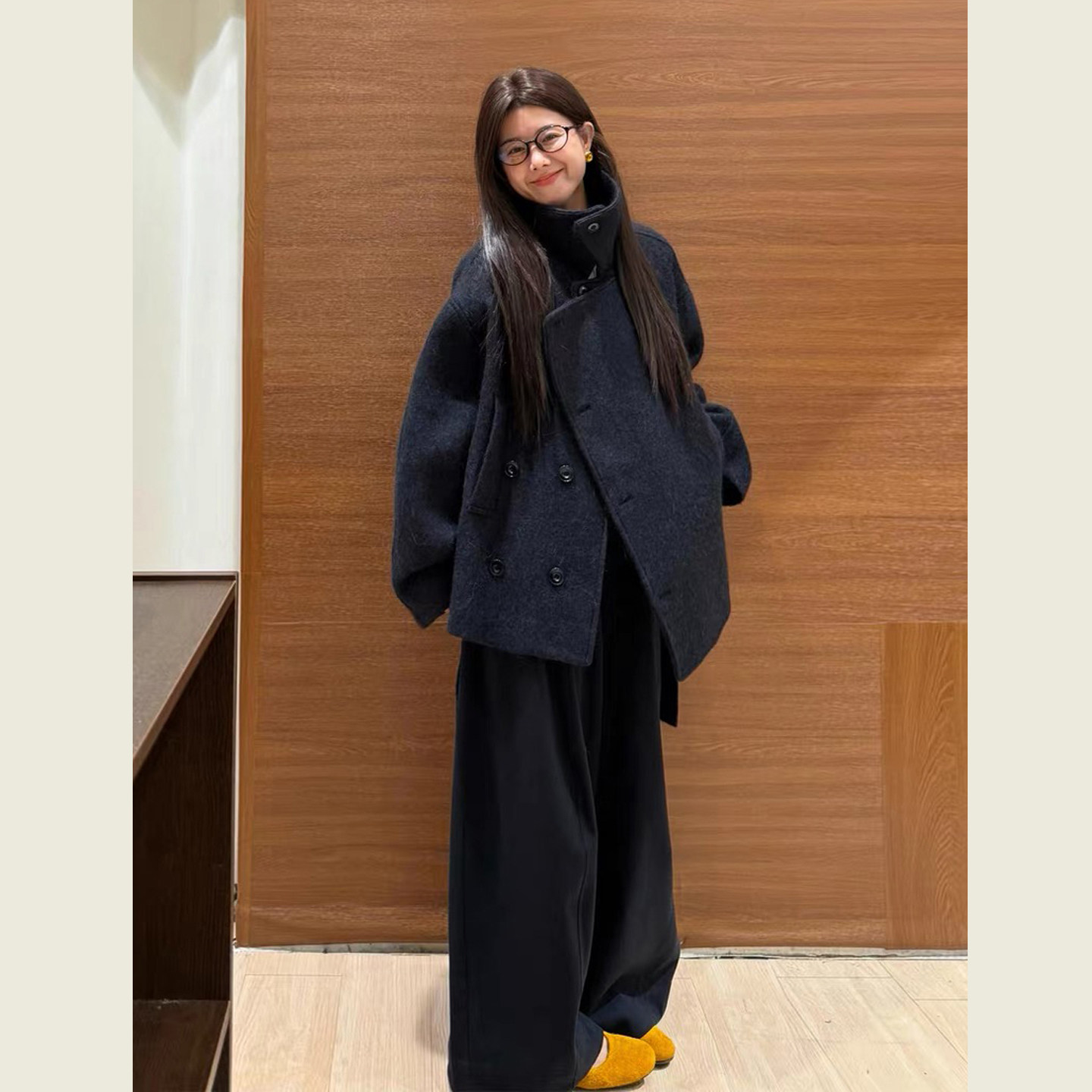 韩系赫本风黑色立领毛呢外套