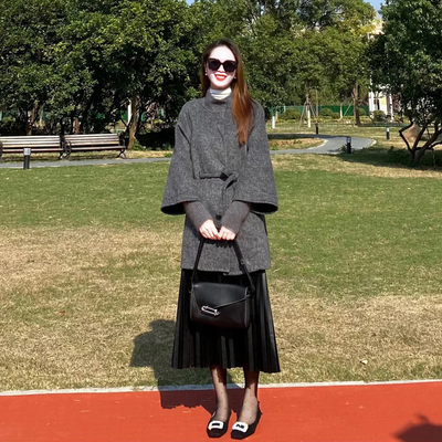 韩系赫本风灰色立领呢子大衣