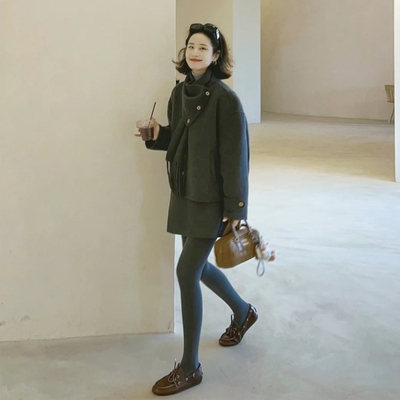 韩系赫本风灰色小香风毛呢套装