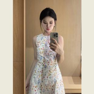 度假风碎花圆领无袖 裙子 连衣裙女夏季 甜美收腰显瘦设计感A字短款