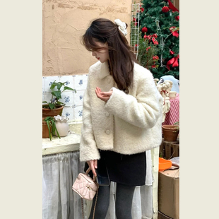 温柔风米白色翻领短毛呢外套女秋冬季韩系气质减龄单排扣呢子上衣