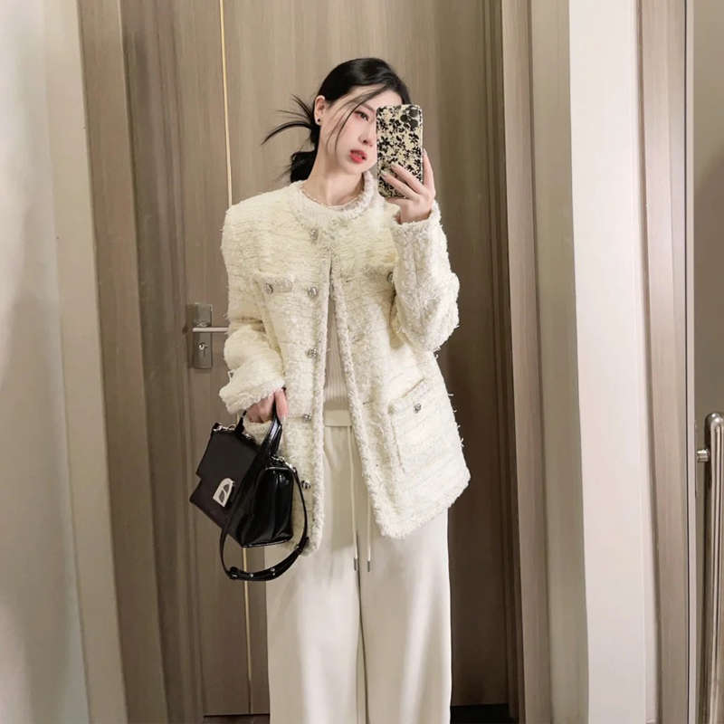 米白小香风粗花呢单排扣毛呢大衣