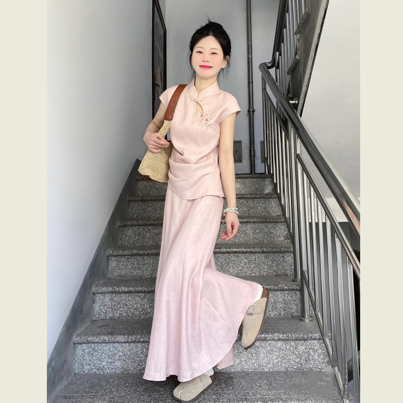 新中式国风套装粉色盘扣短袖上衣女夏季新款气质高腰半身裙两件套