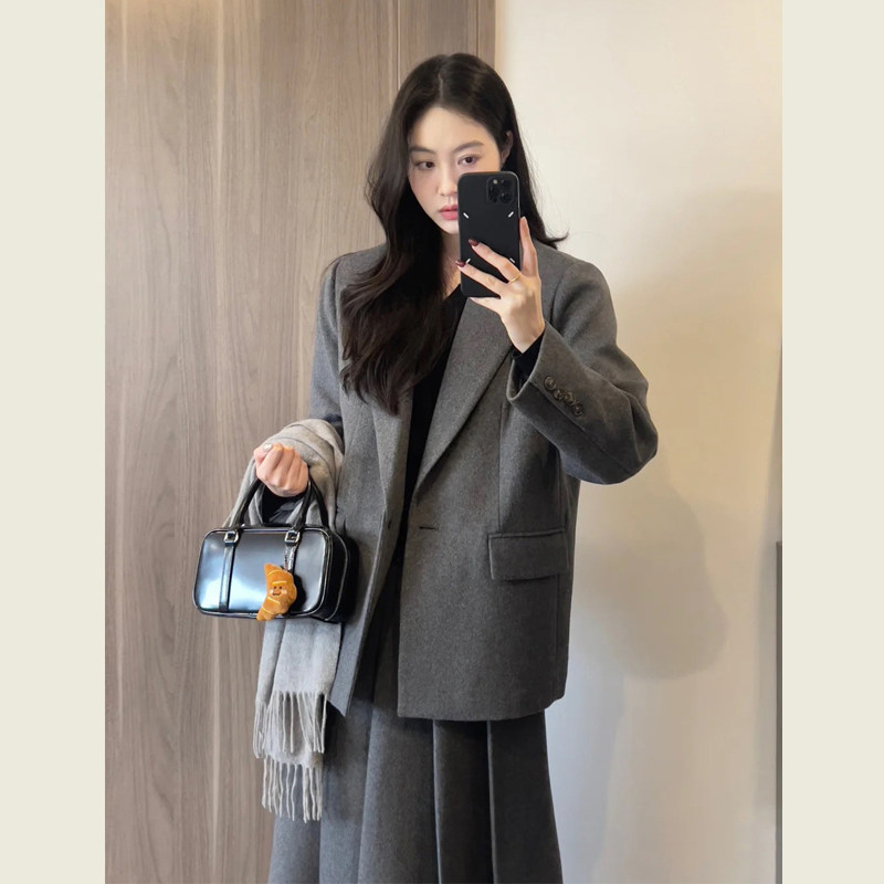 韩系灰色毛呢西装套装