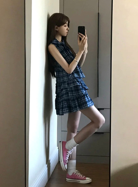 蓝色格纹无袖荷叶边蛋糕连衣裙女夏季小个子蝴蝶结绑带背心短裙子