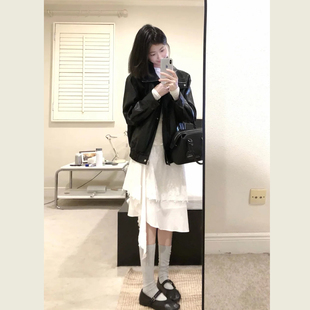 黑色立领廓形皮衣短外套女春秋季 小个子简约宽松百搭休闲上衣 新款