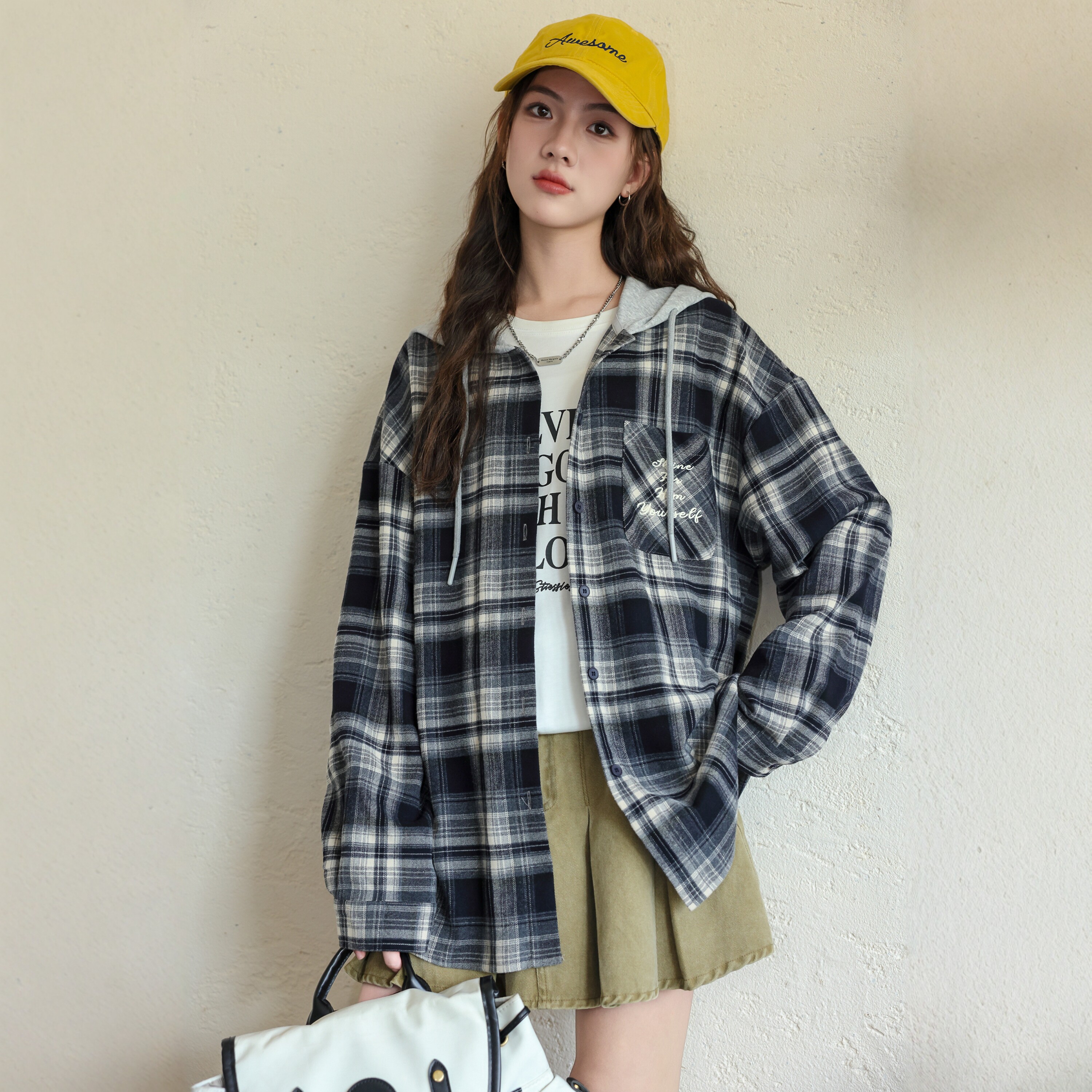 女大童秋款磨毛衬衫薄外套骄骄虎休闲连帽格子衬衣青少年上衣7377