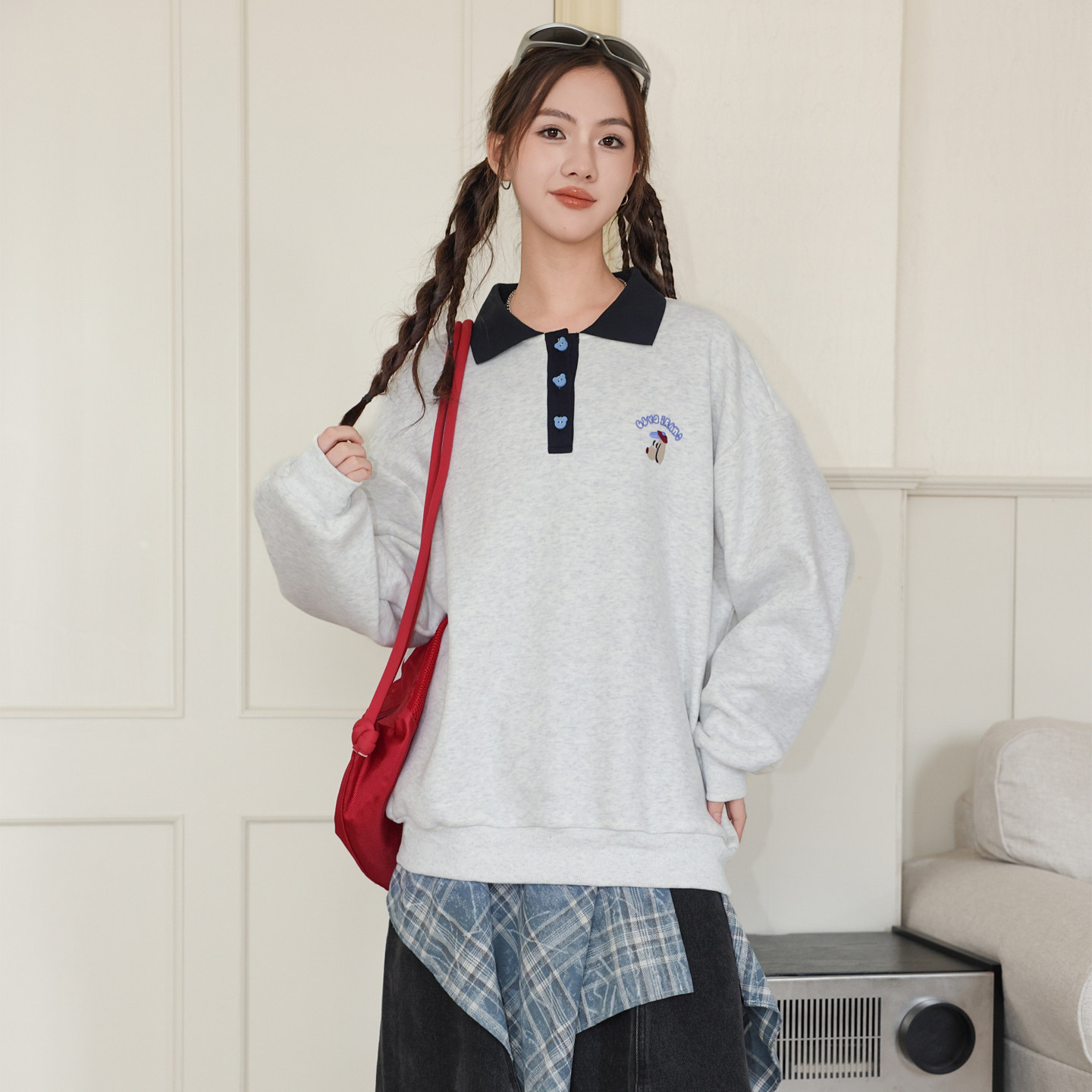女大童加绒卫衣骄骄虎2025冬季新款初中生高中生polo领内搭潮7442