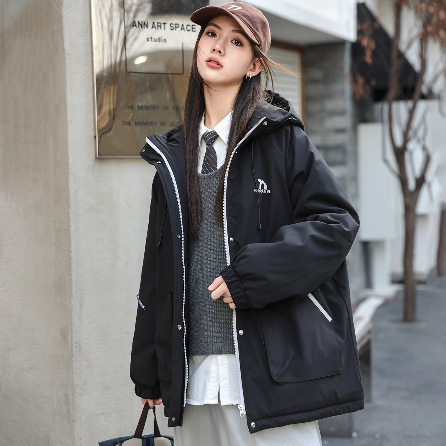 女大童加绒外套骄骄虎2025冬季新款初中生高中生加厚棉服连帽7495