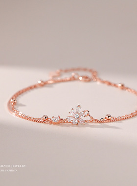 纯银双层樱花手链女韩版简约个性小众设计手环镶钻小清新百搭手饰