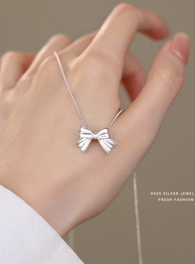 韩版甜美仙女风蝴蝶结项链女时尚百搭轻奢s925纯银锁骨链首饰批发