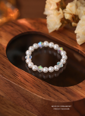 韩版时尚气质百搭圆珠指环女精致个性轻奢串珠弹力绳设计戒指批发