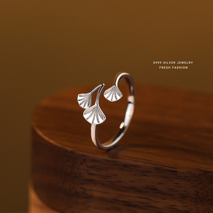 三生有幸银杏叶戒指女s999纯银森系食指戒小清新足银开口指环代发