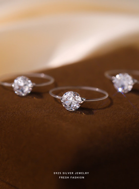 抖音爆款S925纯银隐形透明鱼线冰花切戒指女时尚百搭气质食指戒