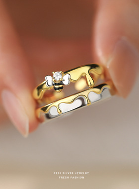 甜蜜情侣戒指s925纯银森系可爱百搭对戒小众设计感蜜蜂指环可调节