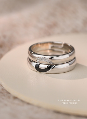 韩版时尚心心相印情侣戒指s925纯银百搭小众设计感对戒可调节指环