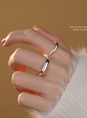 情侣戒指S999足银简约光面素圈纯银对戒天生一对情人节七夕送礼物
