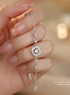 S999纯银莫比乌斯灵动爱心手链女时尚轻奢玫瑰花手环礼物送女朋友