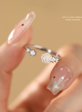 温柔超仙幻彩玫瑰花锆石戒指女s999纯银百搭食指戒山茶花足银指环