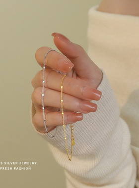 简约小清新圆形闪片手链女s925纯银小众百搭时尚学生日韩手饰足银