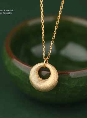 金店同款沙金拉丝金坨坨S925纯银项链女新中式平安扣小金坨锁骨链