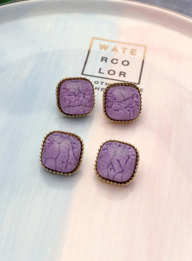 日系优雅复古vintage耳钉方形紫色时光宝石耳饰女无耳洞耳夹