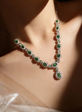 魔猫昭昭高级感轻奢首饰套绿色锆石婚礼新娘精致头饰耳环项链配饰