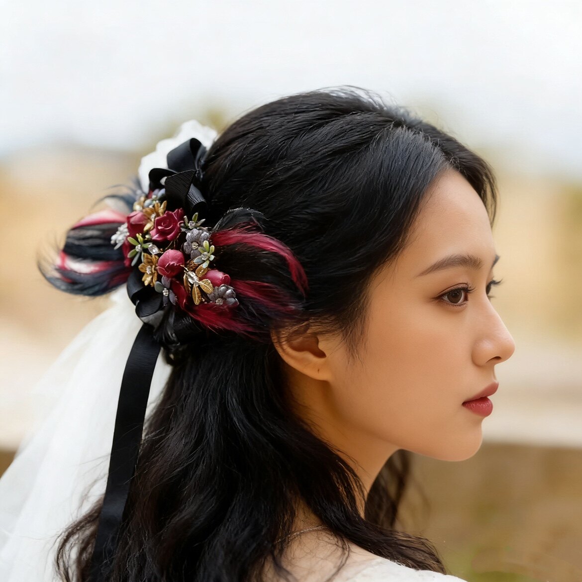 闺蜜羽毛晚礼服情侣高级感发饰新娘头饰婚纱礼服酒红色走秀模特