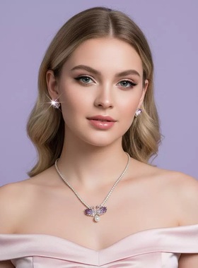 魔猫昭昭欧美锁骨渐变紫仿珍珠项链耳环套装简约单层微镶锆石项链