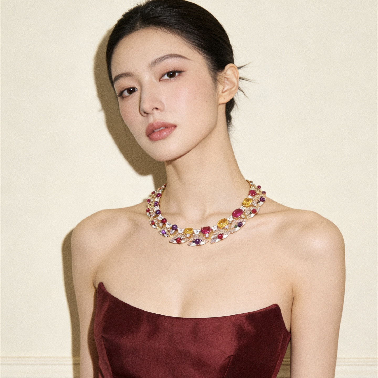 法式高级感多巴胺糖果色晚宴礼服婚礼走秀项链彩色人工宝石锁骨链