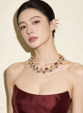 法式高级感多巴胺糖果色晚宴礼服婚礼走秀项链彩色人工宝石锁骨链