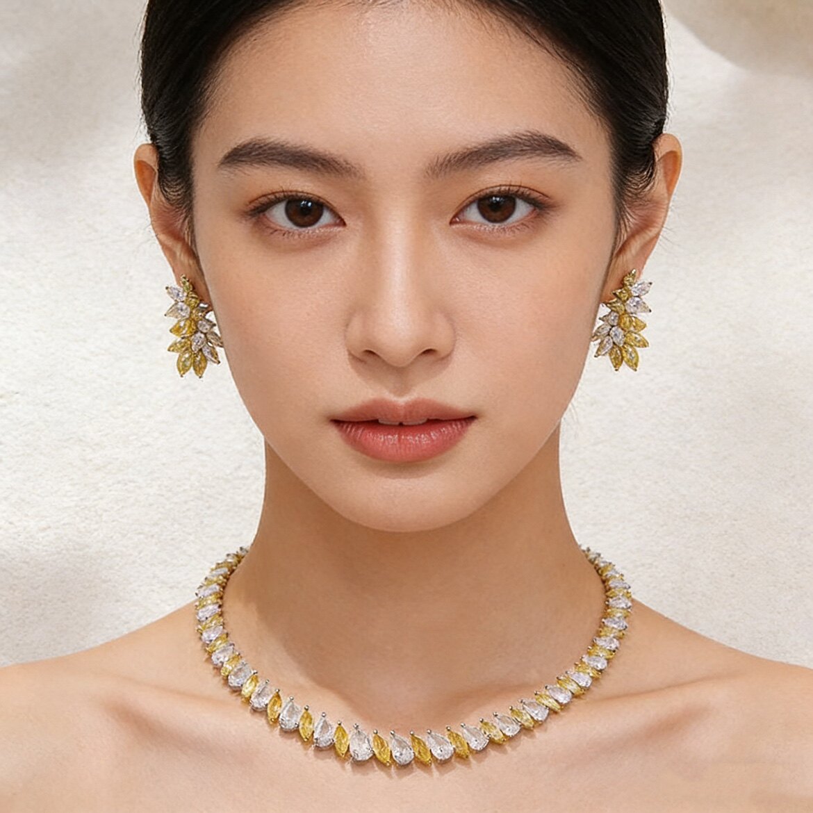 魔猫昭昭银针法式浪漫轻奢超仙新娘结婚婚礼耳环耳针项链黄色闪钻