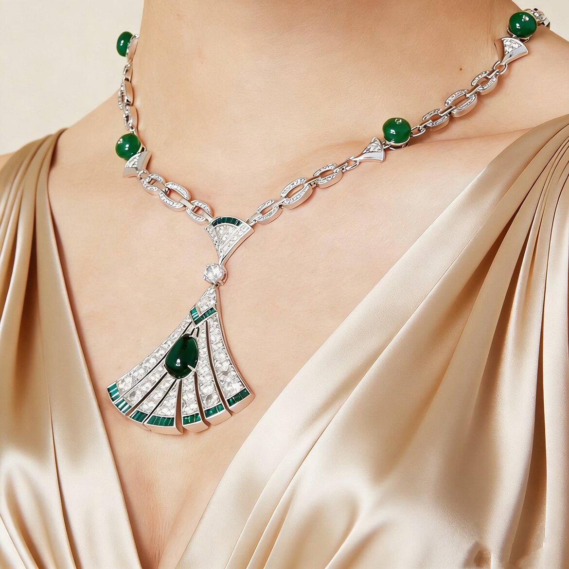 小众奢华高级感欧美夸张绿色红扇子项链耳环新娘晚宴礼服婚纱配饰